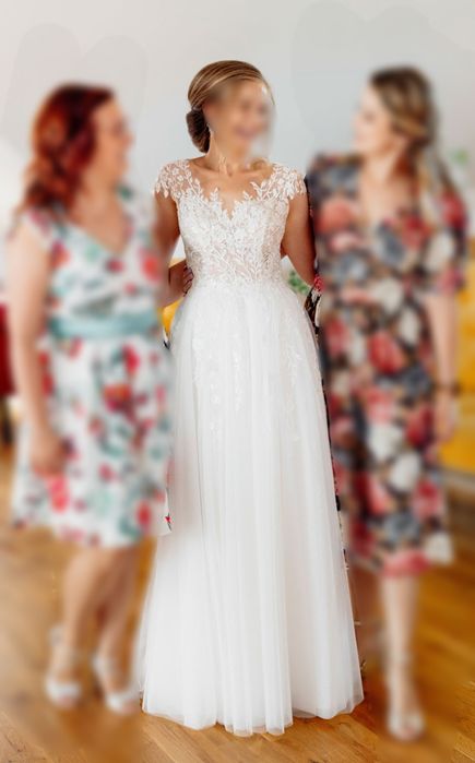 Piękna suknia ślubna księżniczka literka A koronka tiul klasyczna 36 S