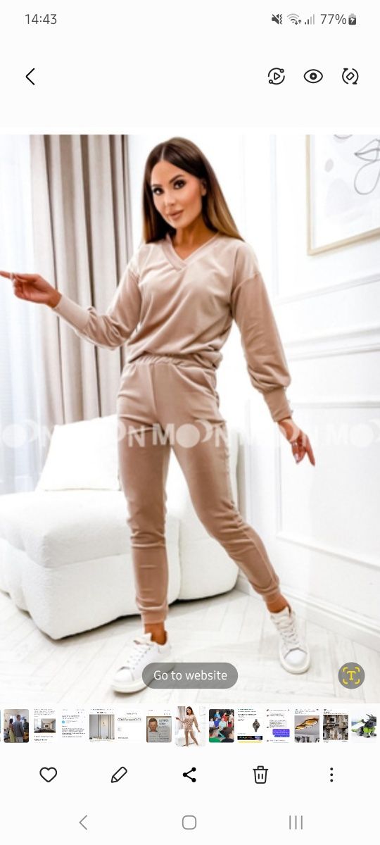 Damski komplet dres welurowy bezowy roz M Spodnie i bluza zlote dodatk