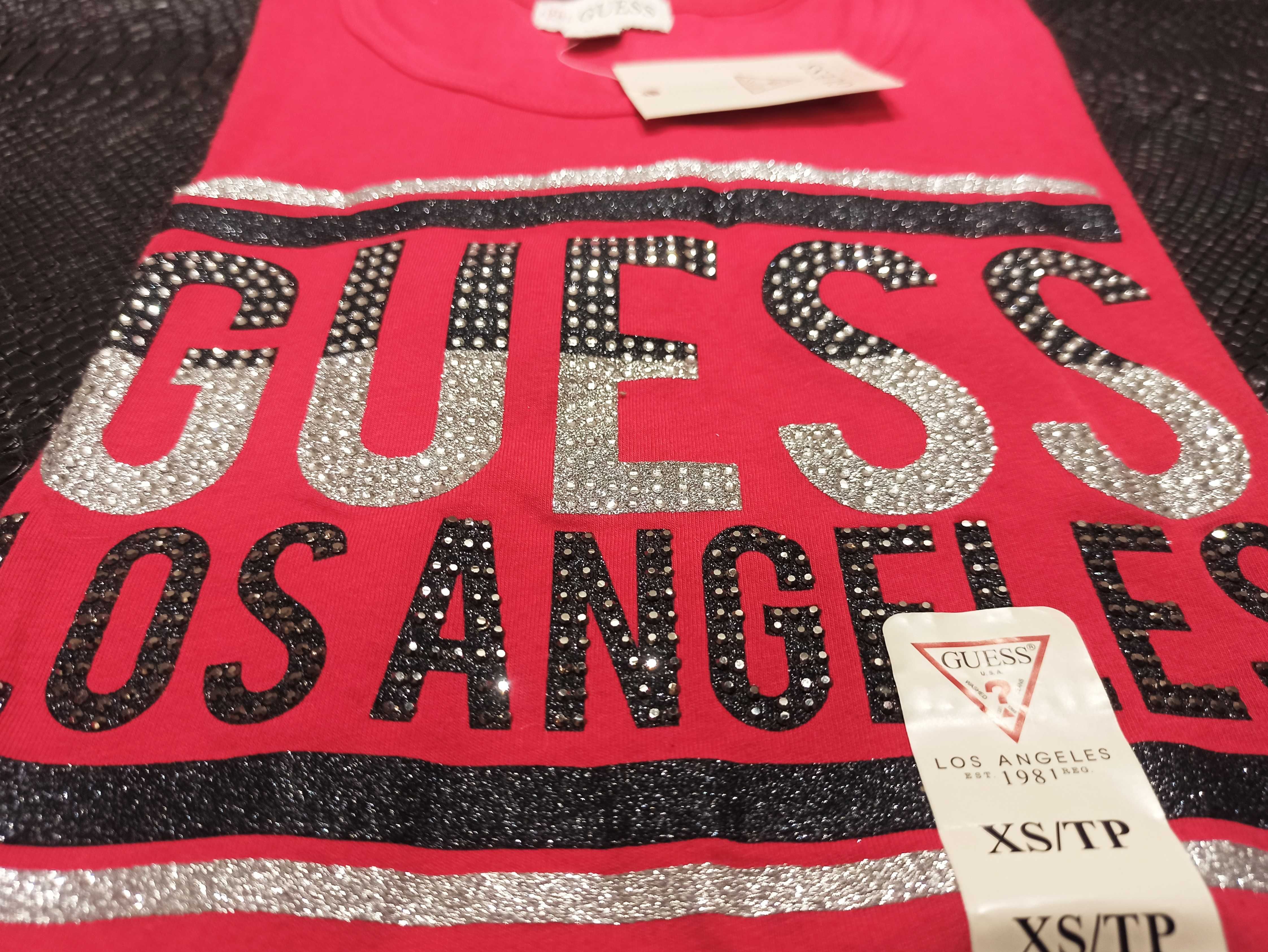 GUESS Oryginalna! Koszulka T-Shirt Bluzka Czerwona Brokat Metallic