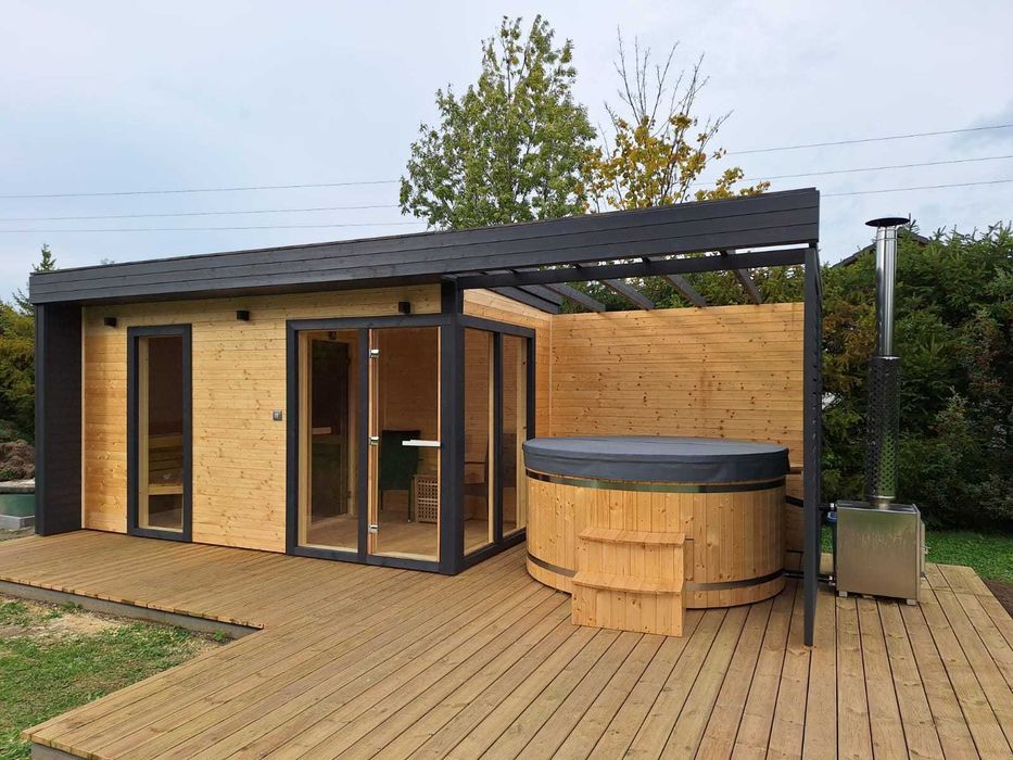 sauna ogrodowa z przedsionkiem, spa zewnętrzne premium, producent