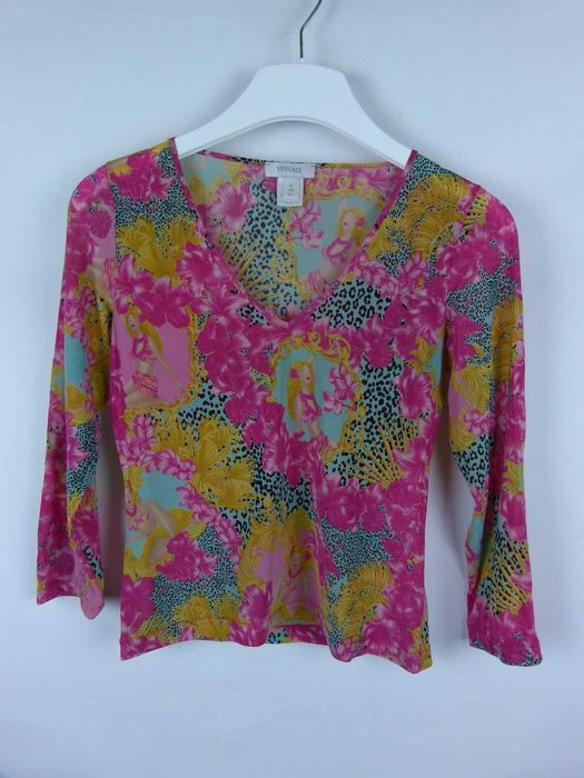 Versace cienka bluzka vintage róż neon kwiaty / S