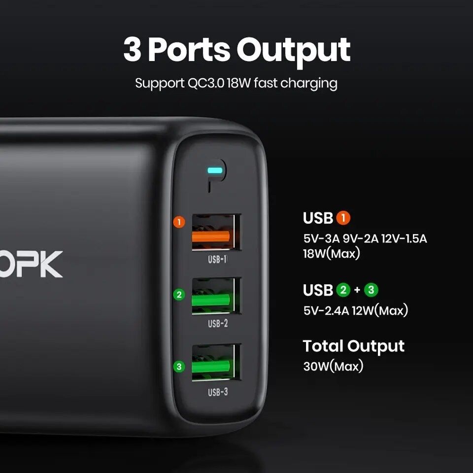 Зарядное устройство Topk 30W быстрая зарядка QC 3.0, 3xUSB