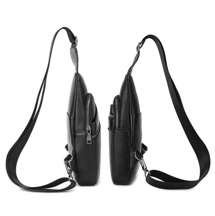 Кожаная мужская бананка на грудь сумка для мужчин из кожи черная слинг