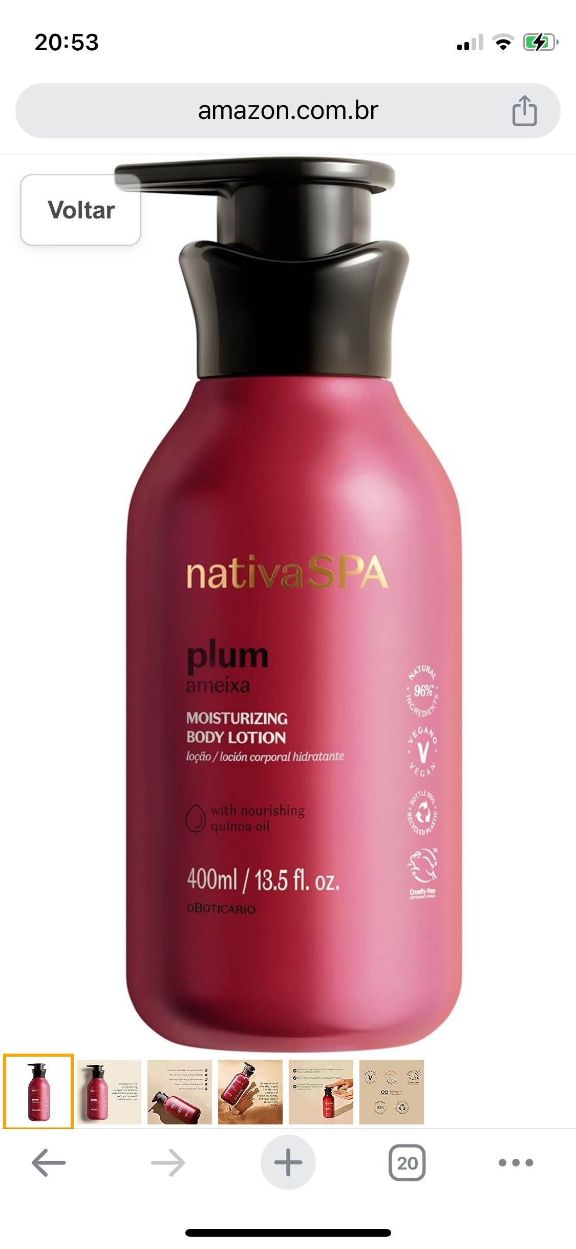 O boticário hidratante Nativa Spa Ameixa, 400ML