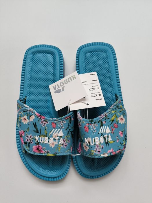 Klapki damskie Kubota 40 na rzep niebieskie w kwiaty