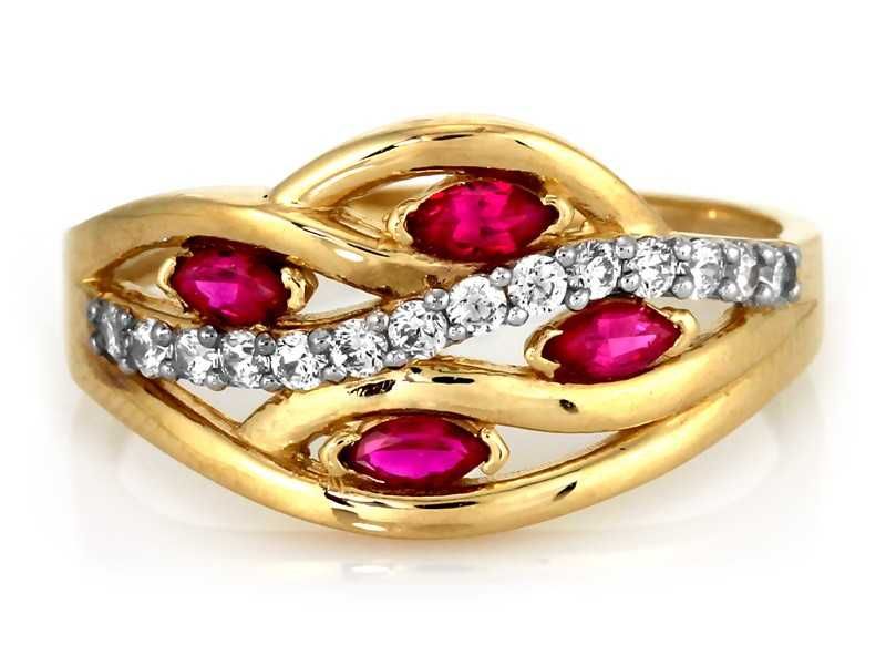 Złoty pierścionek z czerwonymi cyrkoniami rubinami PR 585