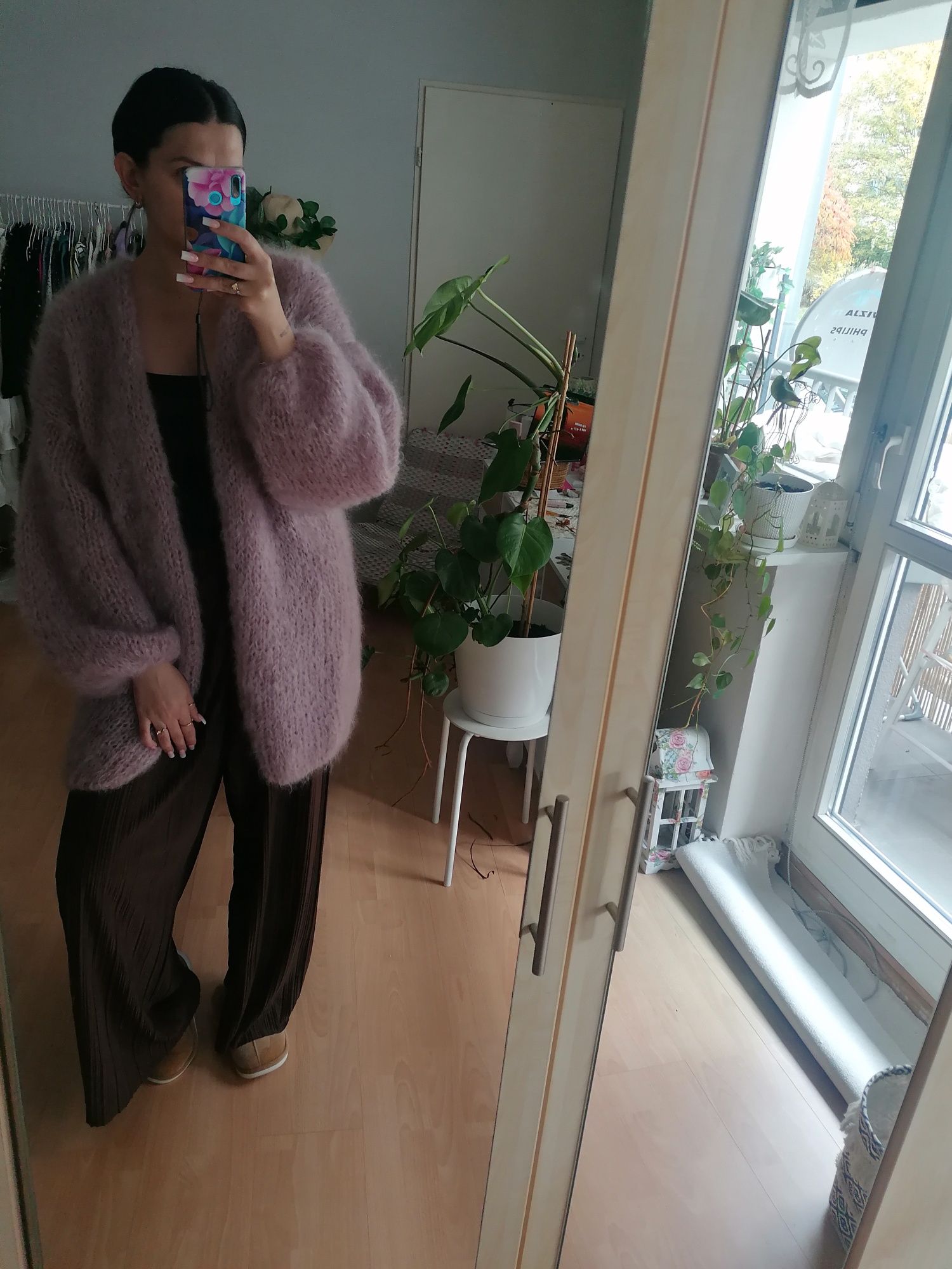 Liliowy gruby ciepły sweter z moheru Nowy onesize M L XL