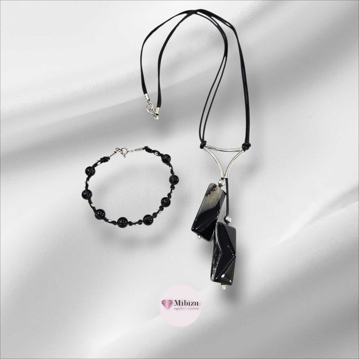 Srebrny Nowy komplet kamień onyks naszyjnik + bransoletka