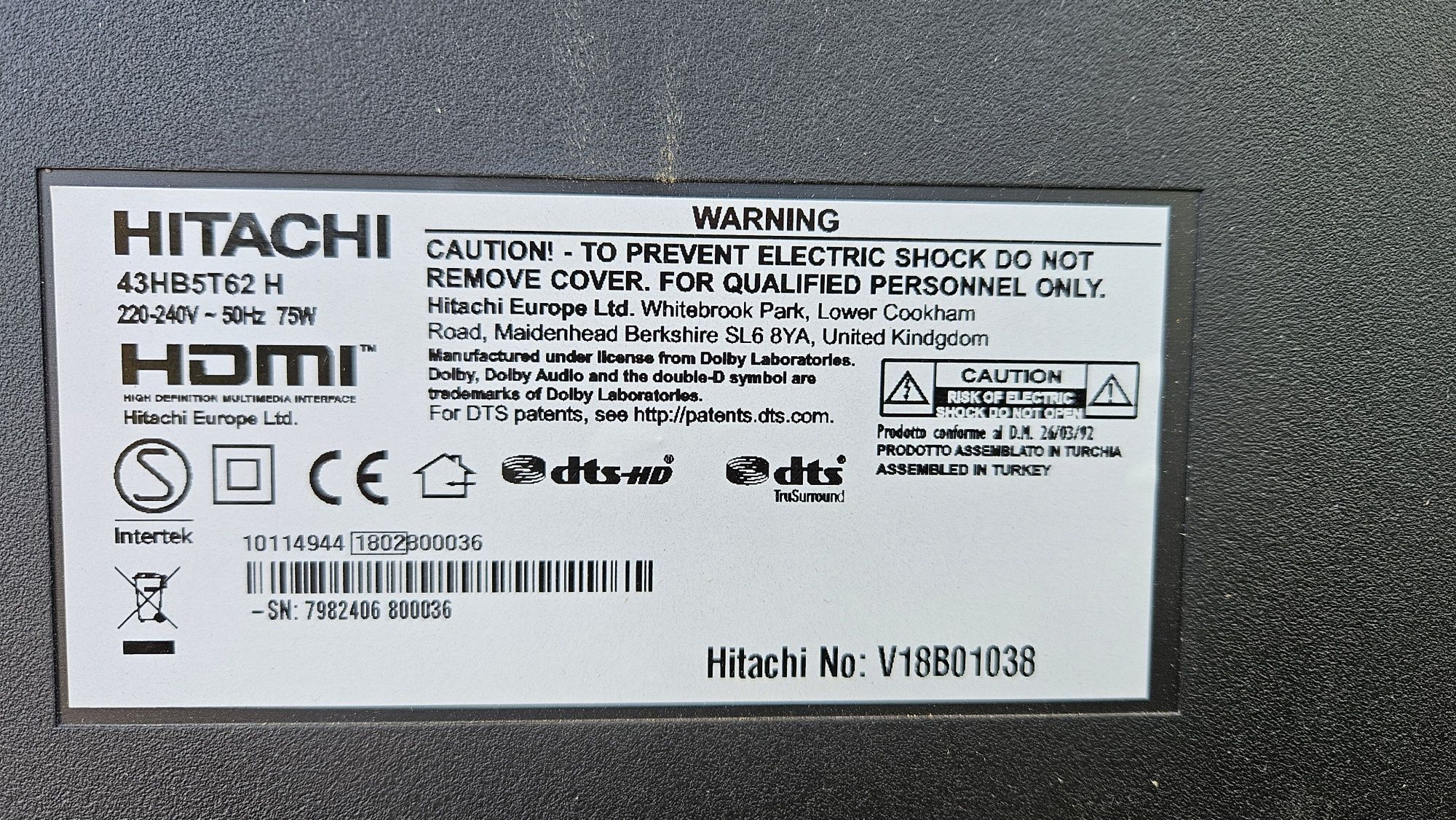 Telewizor Hitachi 43 cale uszkodzony,