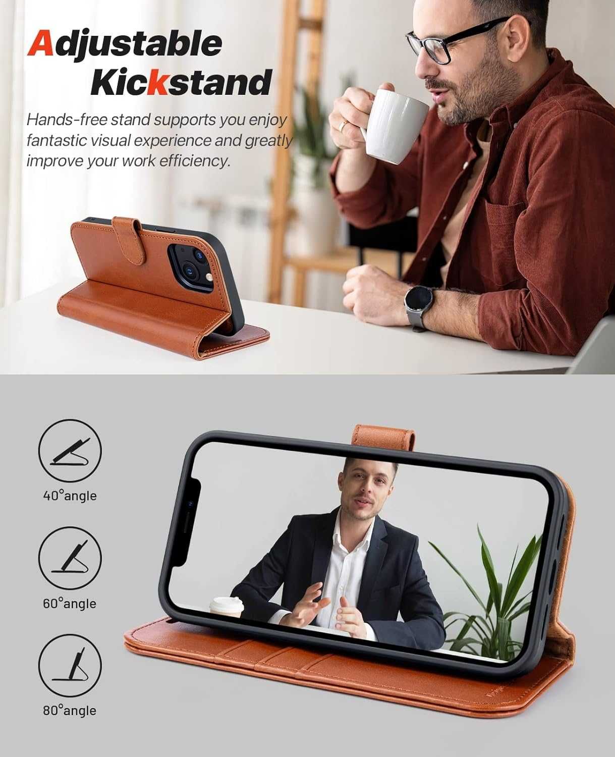 OCASE etui skórzane do iPhone 13 iPhone 14 brązowe stojak 2w1 magsafe