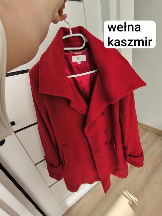 Elegancki czerwony bordo płaszcz wełna kaszmir ciepły miękki XL