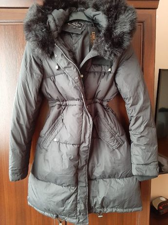 Długa zimowa kurtka płaszczyk z kapturem futerko L