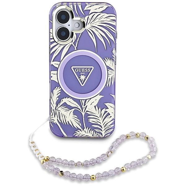 Etui Guess Palm Trees Triangle Pearl Strap MagSafe do iPhone 16 fiolet