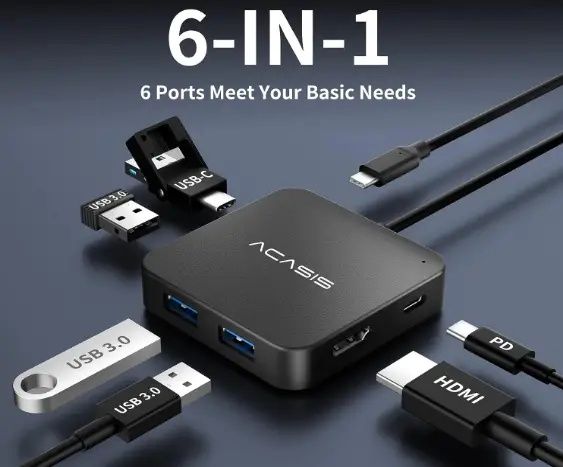 Многопортовая док-станция Acasis USB-C Hub 6 в 1 10 Гбит/с 4K HDMI 3 U