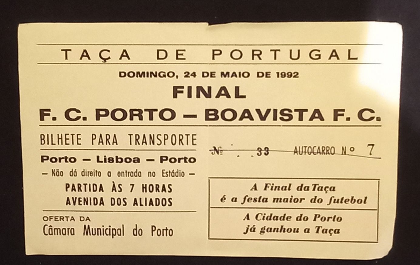 Bilhete de transporte da final taça de Portugal 1992.