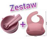 Zestaw sylikonowy śliniak + talerzyk / talerz z przyssawką i sztućcami