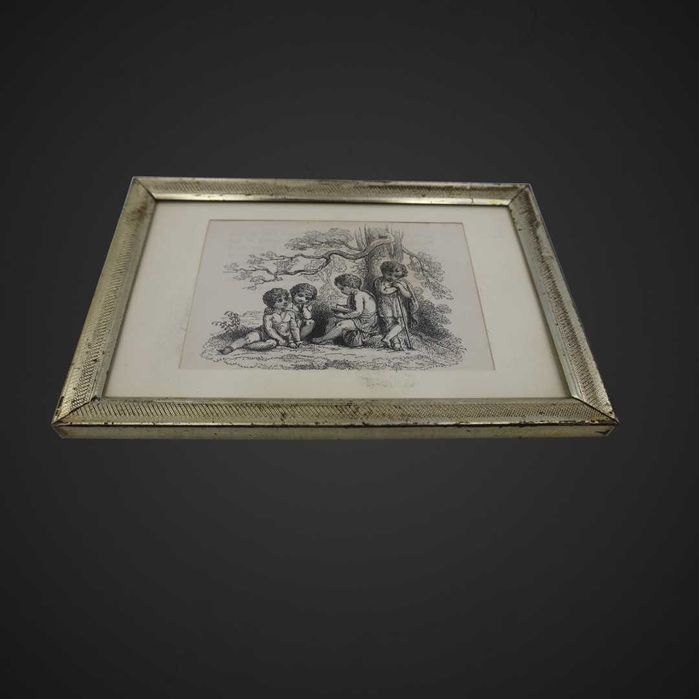 Stara Grafika w metalowej ramce – putta pod drzewem b51/100658