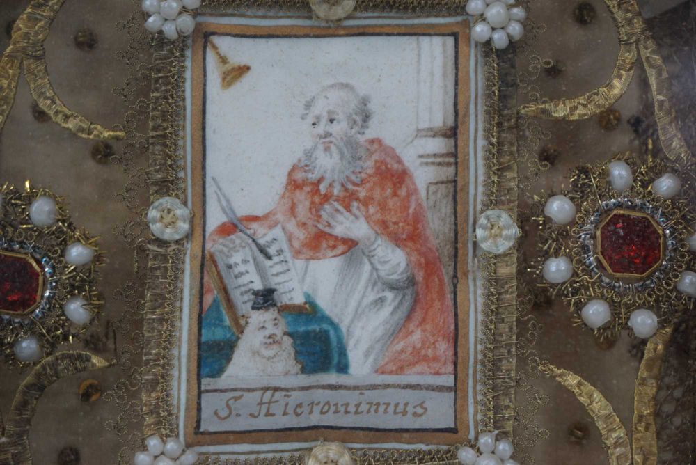 Zabytkowy relikwiarz relikwia rama Św. Hieronim Celestyn Bonifacy