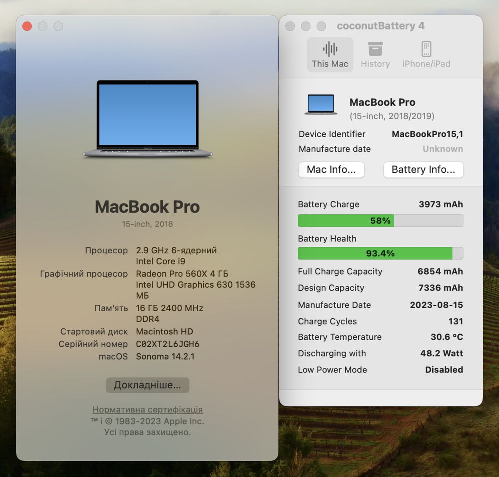 Macbook pro 15 2018 i9 2.9/ 16gb / 2000gb/ Radeon Pro 560x 4GB 93%