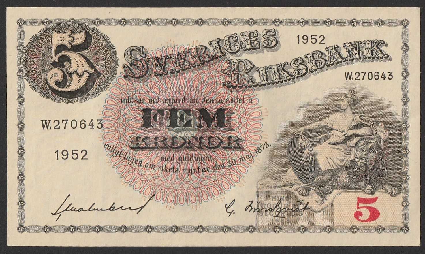 Szwecja 5 koron 1952 - W