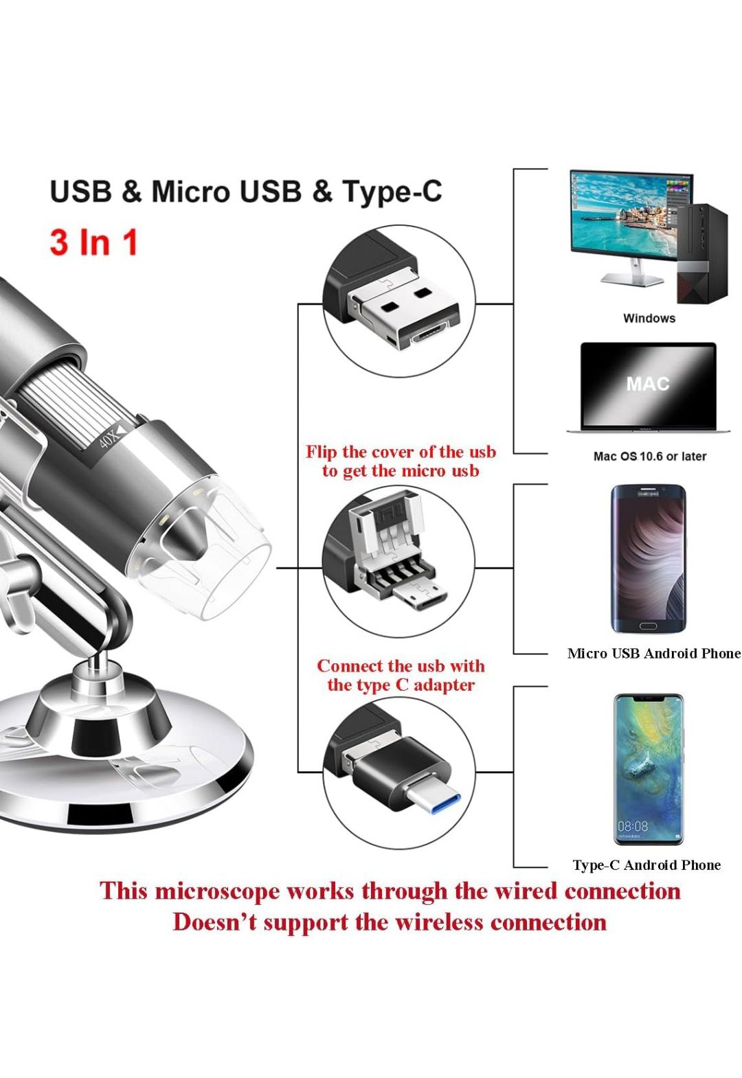 Камера USB-мікроскопа Cainda 40X до 1000X, цифровий мікроскоп із метал