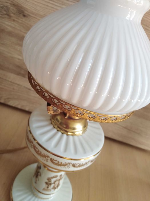 Lampa grecka biała złota nocna stołowa szkło klosz