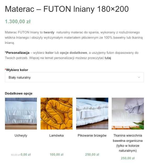 Materac futon lniany 180x200 slodkich snow kokosowy