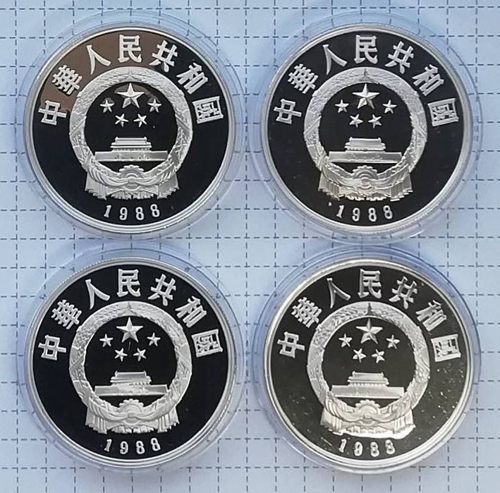 Китай набір 5 юань (4 шт.) 1988р. СРІБЛО. ПРУФ. Сертифікати.
