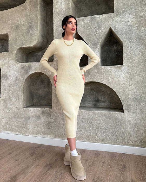 Жіноча тепла облягаюча сукня міді в рубчик З НАЧОСОМ тепле плаття