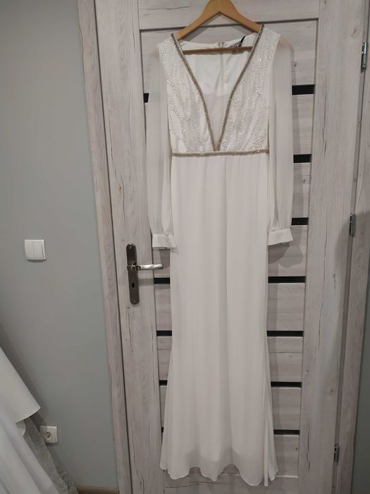 nowa prosta suknia ślubna z długim rękawem rybka syrenka 38 ivory