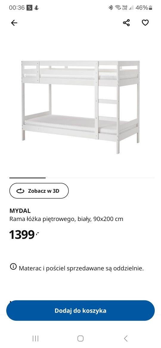 Łóżko piętrowe + materace Ikea