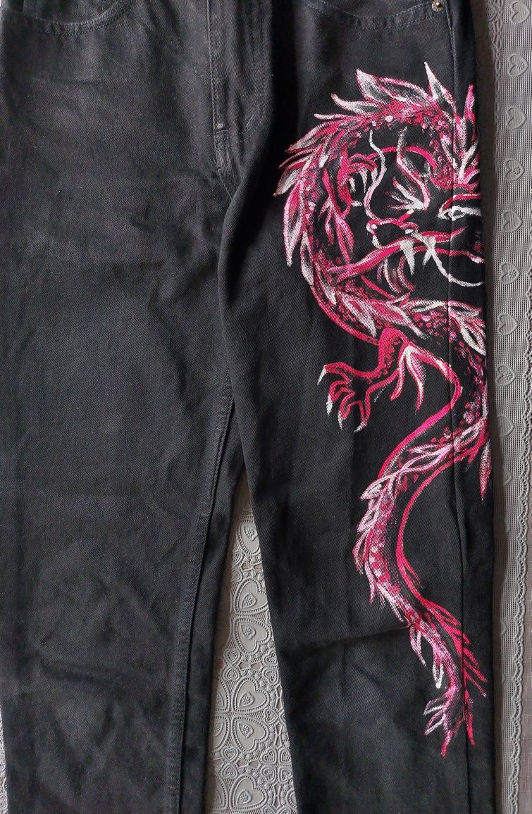 Polskie spodnie jeans, ręcznie malowane, smok, dragon, roz. 27, roz. S