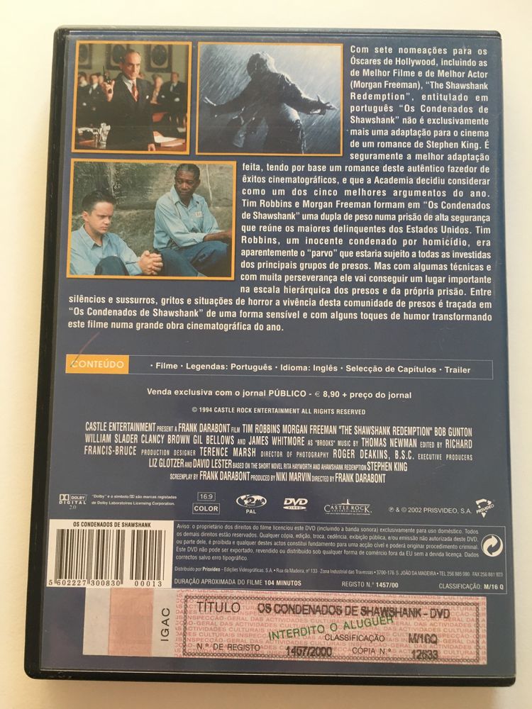 Os Condenados de Shawshank - filme DVD NOVO