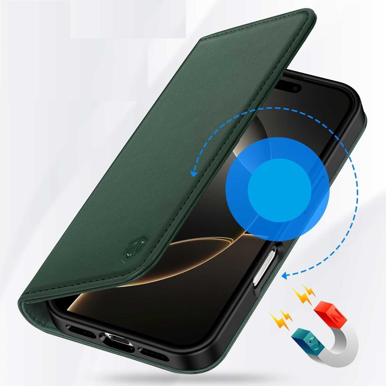 Shieldon naturalne etui skórzane do iPhone 16 Pro Max z klapką zielone