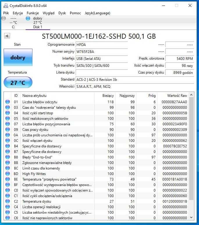 dysk SSHD 500GB Seagate 5400rpm 100% sprawne SMART Seagate 2,5"