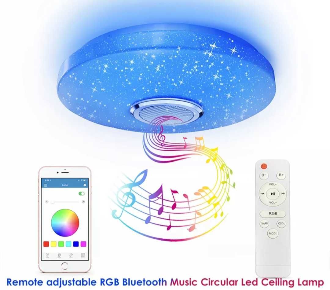 Led candeeiro teto rgb e coluna som bluetooth + app