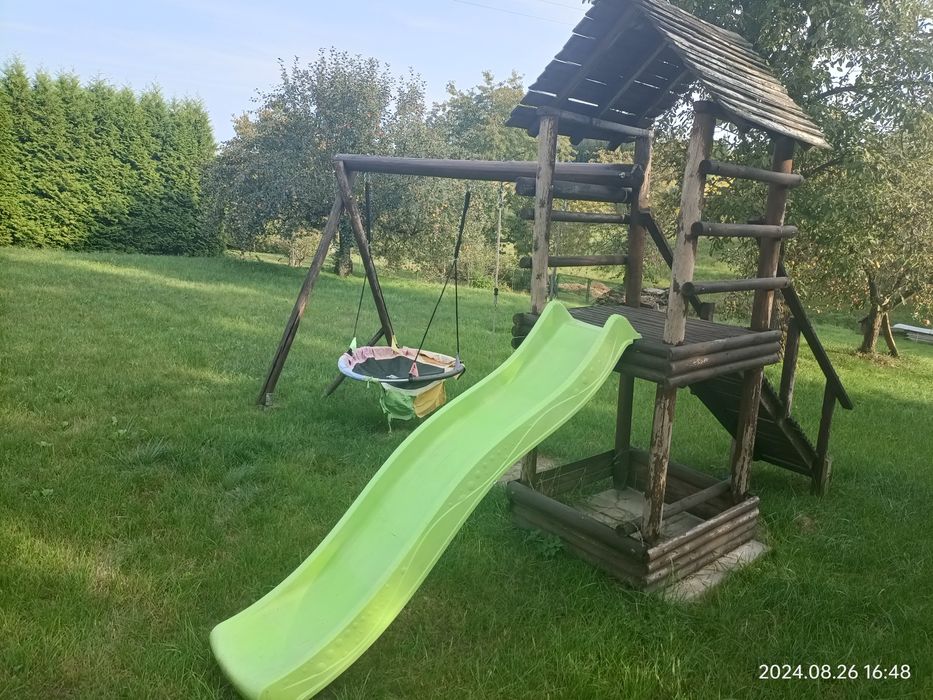 Zestaw zabawowy drewniany, domek, piaskownica, zjeżdżalnia, huśtawkii