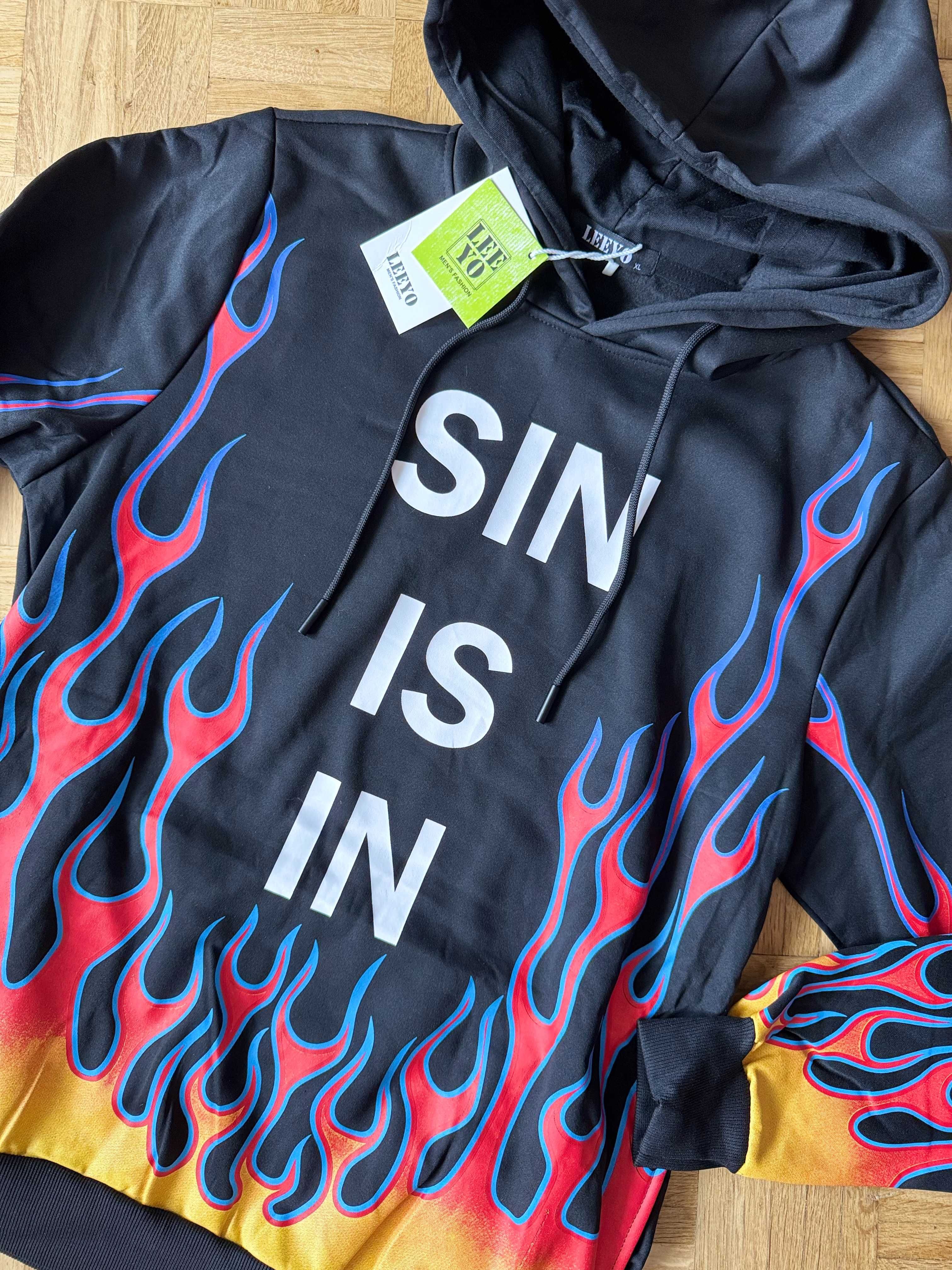 LEEYO nowa z metką bluza z kapturem "Sin is in" i motywem ognia S M L