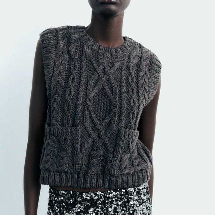 Жіночий сірий в'язаний жилет з кишенями ZARA S/M