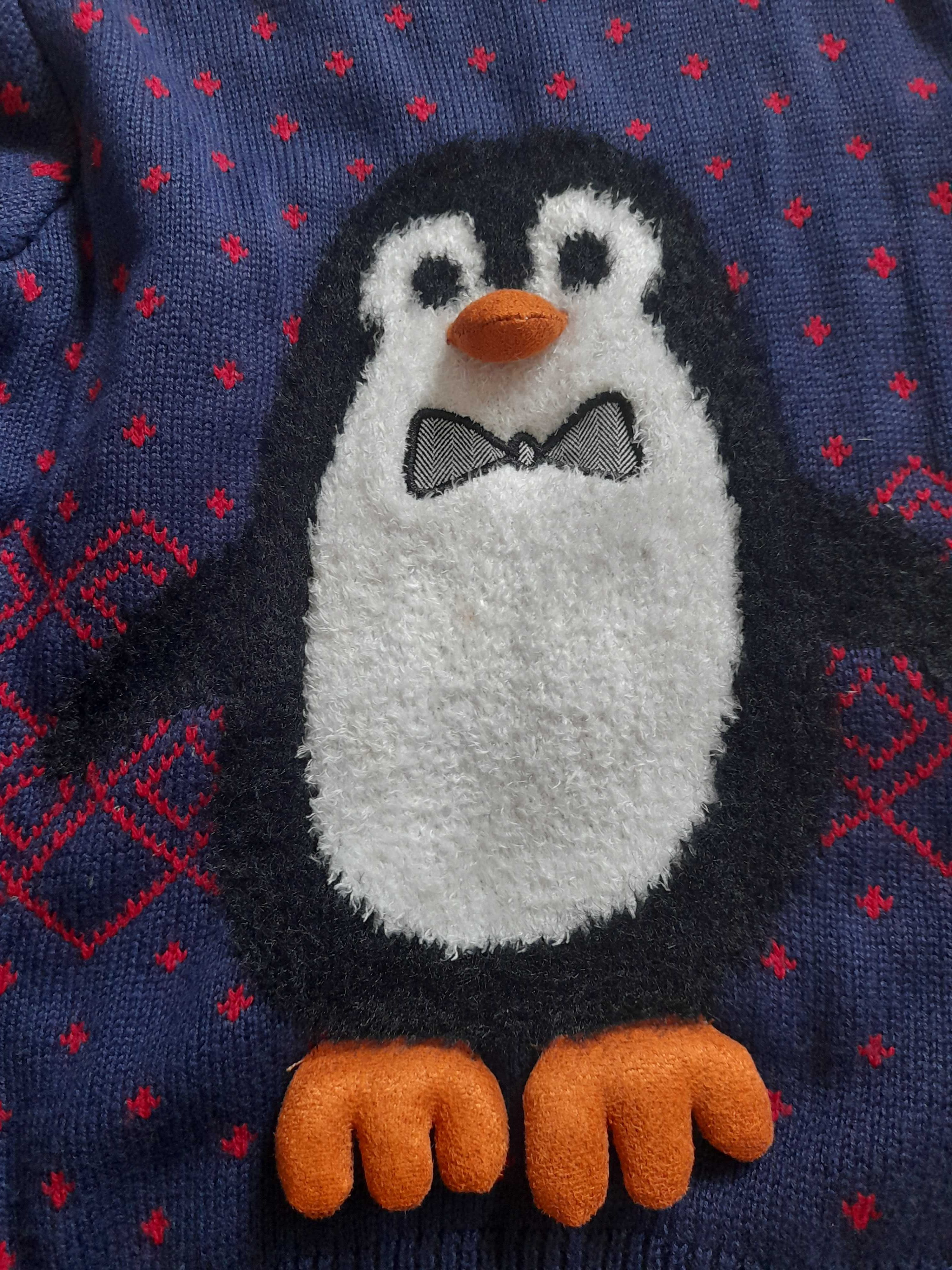 Granatowy sweter z pingwinem-maskotką, zimowy, świąteczny,Nutmeg 8-7la