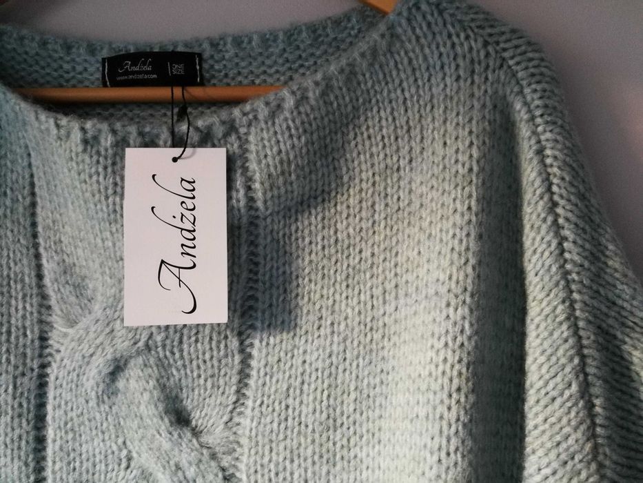 Sweter, ozdobny warkocz, kolor mineral/turkus, oversize, Andżela, nowy
