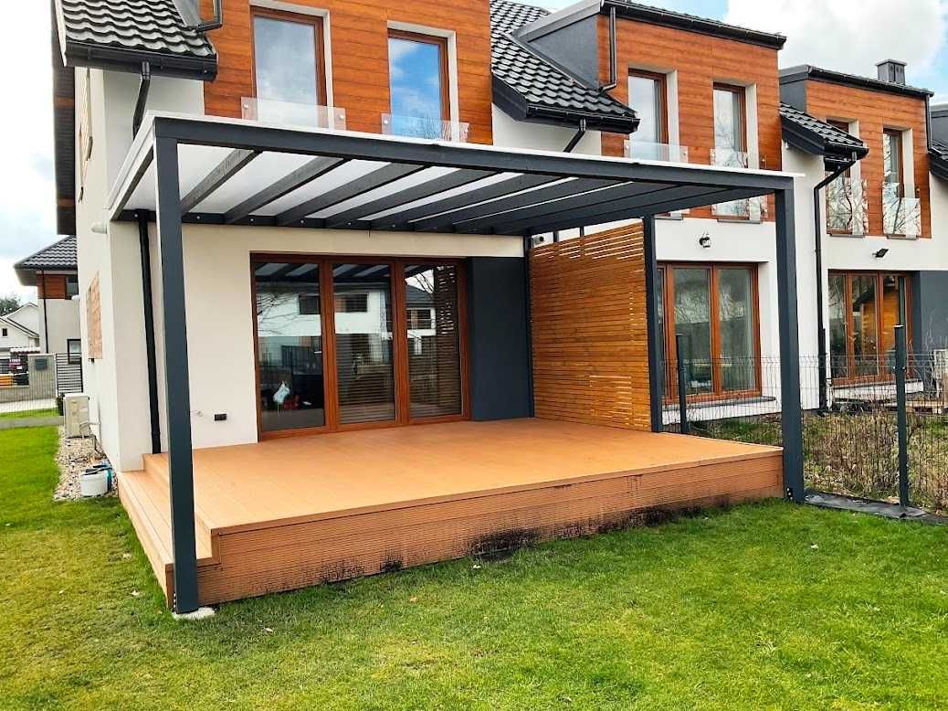 pergola z drewna klejonego BSH, zadaszenie tarasu, poliwęglan