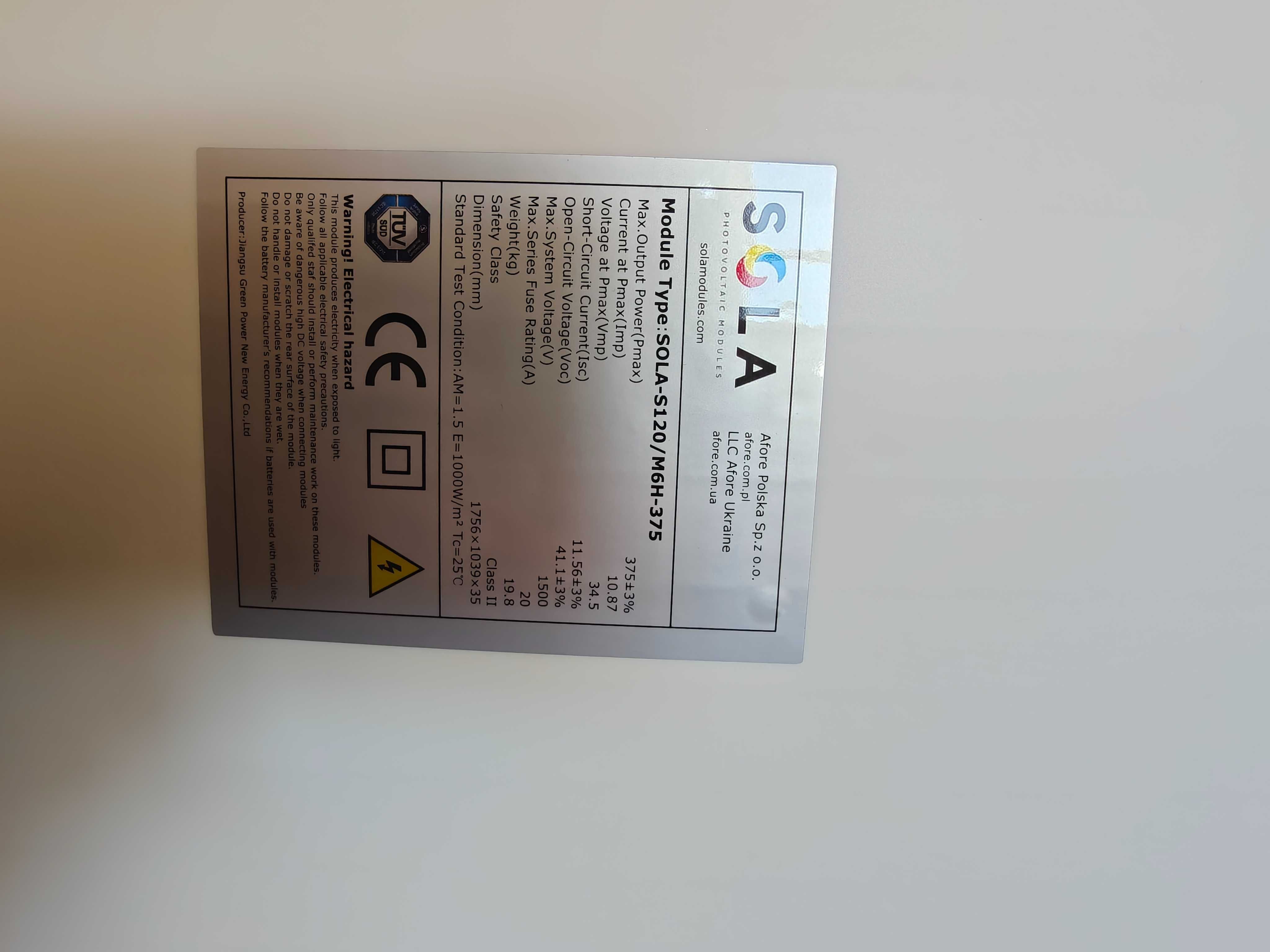 Panele  fotowoltailczne  Sola 375W NOWE