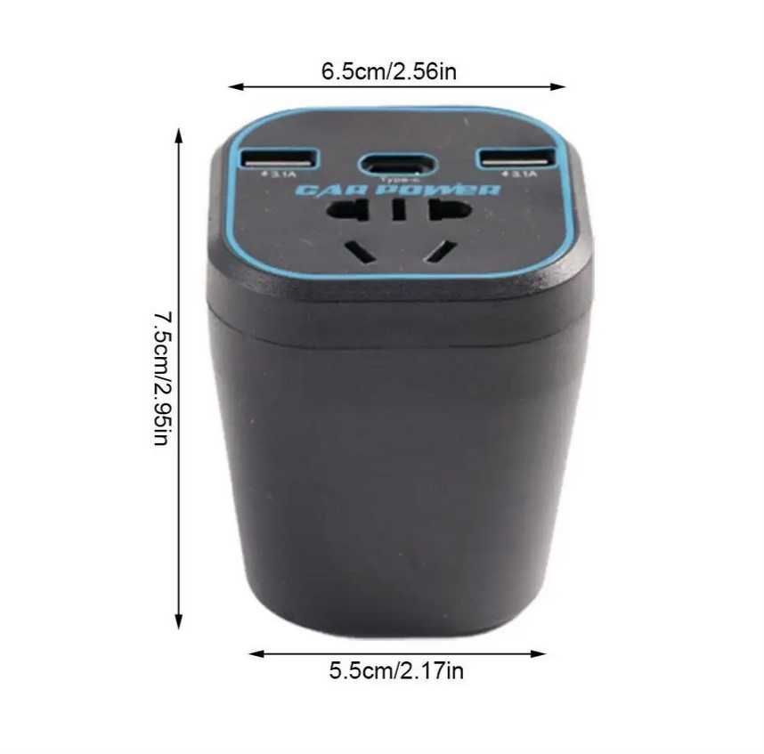 Інтвертор автомобільний в прикурювач 12/24V - 220V з USB-A, Type-C