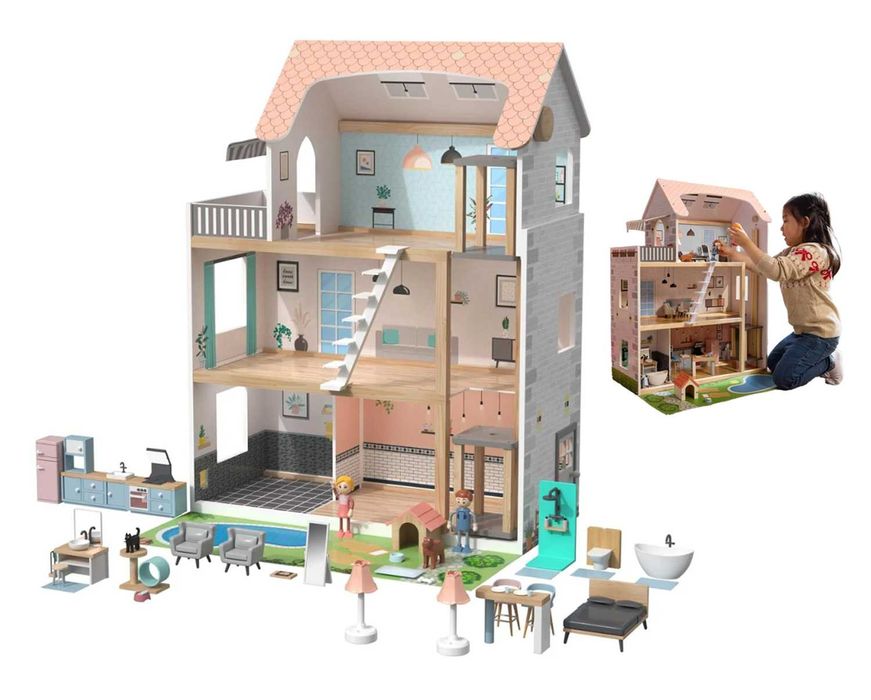 Domek dla lalek willa dzieci LED basen lalki XXL 3xpiętro DREWNO WINDA