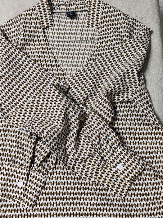 Bluzka damska pepitka brąz biały kopertowy dekolt dł rękaw M