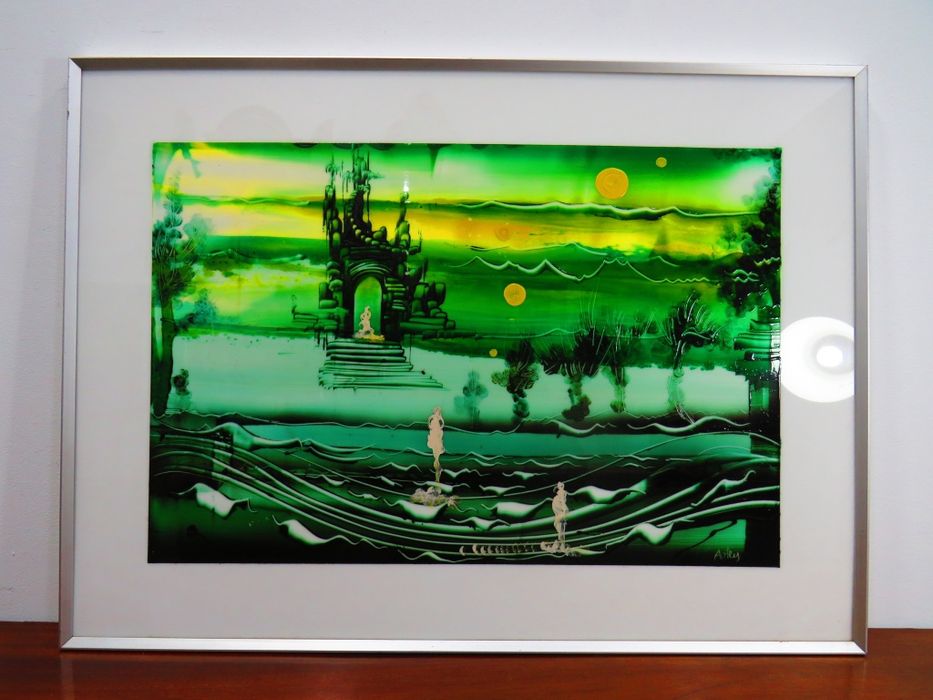 Pintura sob acrílico.