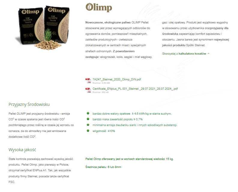 Pellet OLIMP ENplus A1 6mm 975kg paleta - dostawa gratis