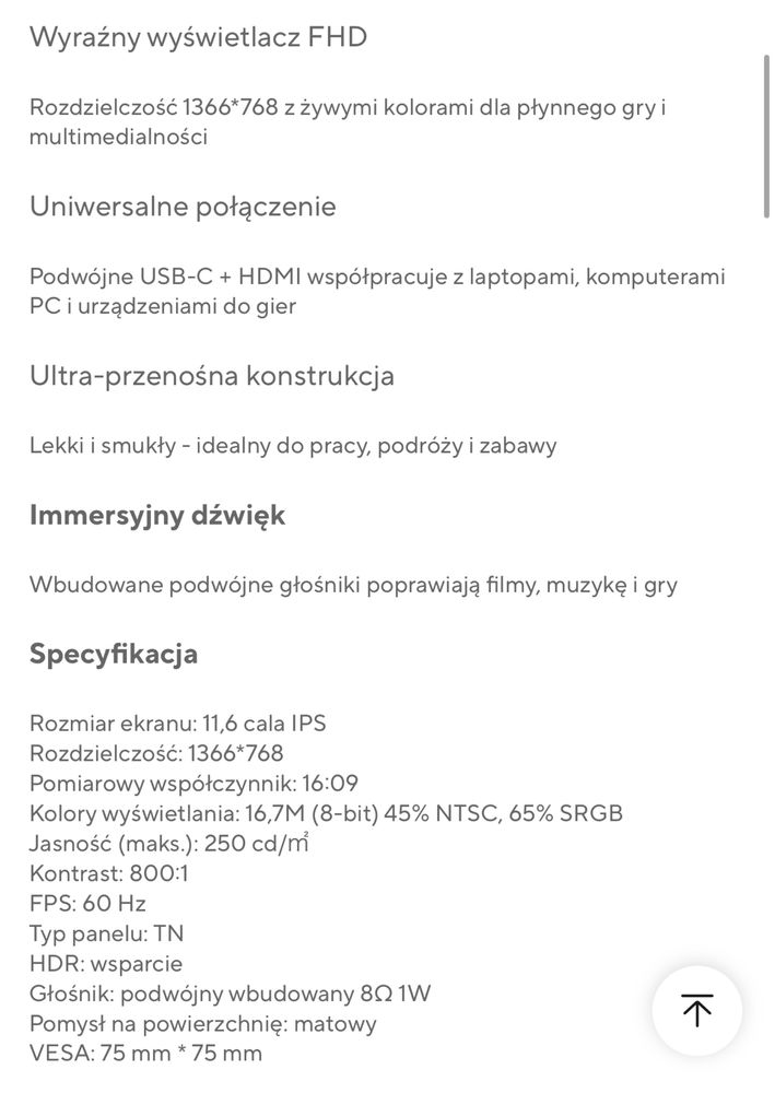 Monitorek 11.6” wyswietlacz lcd ze statywem