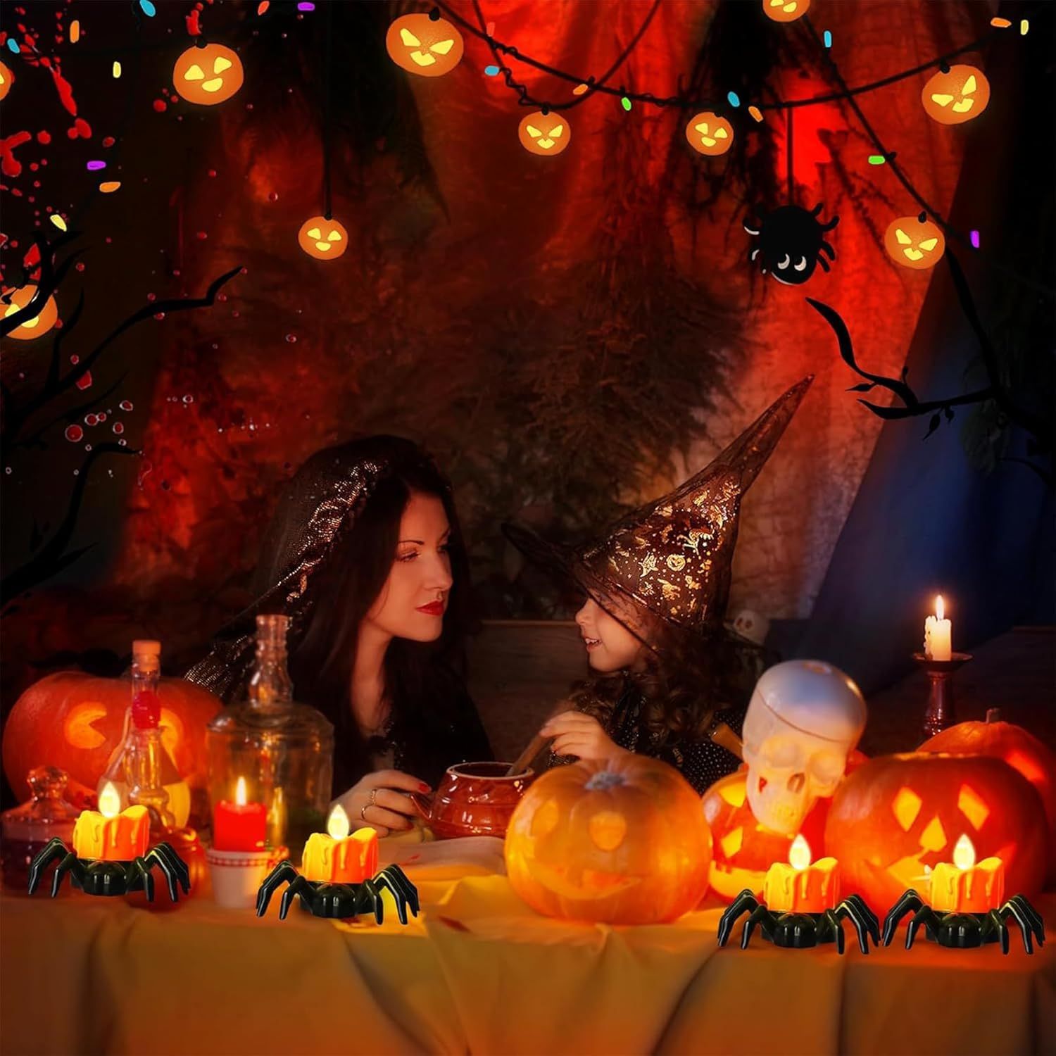 Zestaw 12 Świeczek LED w Kształcie Pająka Dekoracja Halloweenowa